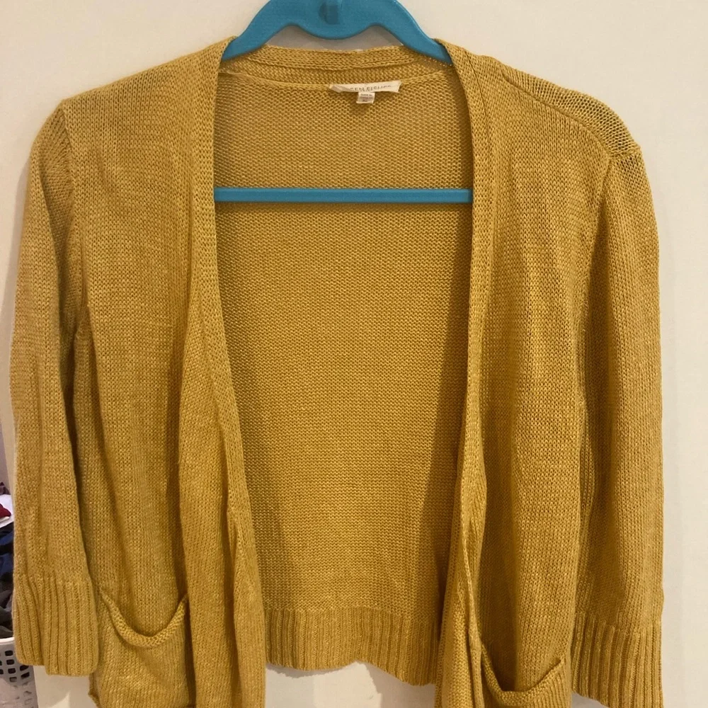 Eileen Fischer petite small mustard yellow cardigan.  Italian hemp yarn. - Picture 2 of 9